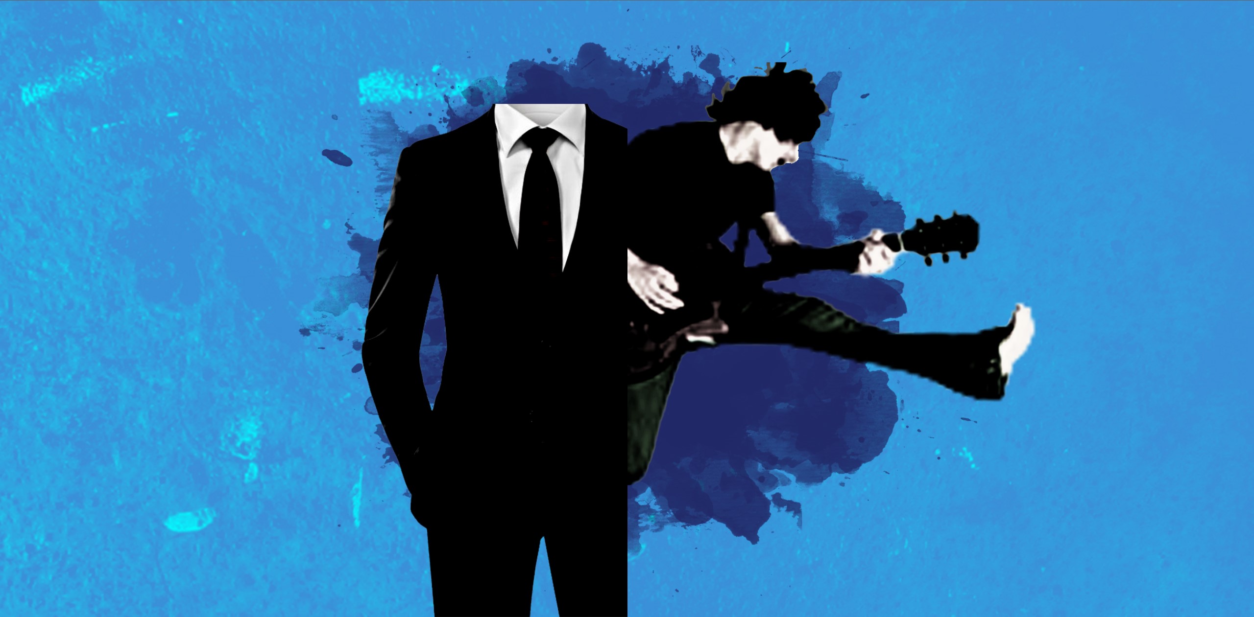 colorful splash page with business suit and guitarist