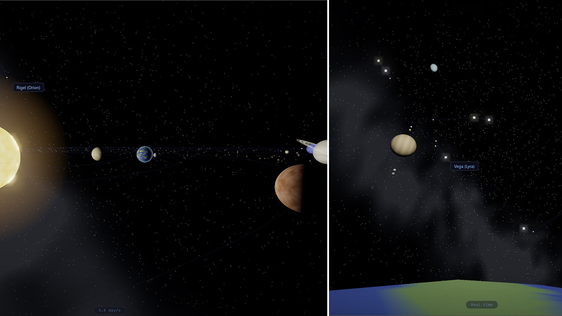 3D solar system with planets, moons, and surface view